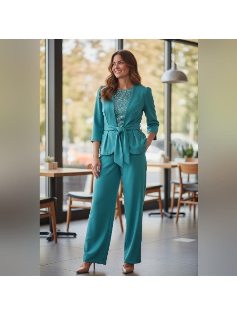 Lanting Women's Teal 2-Piece Suit w/ Embroidered Floral Top and Tie-Waist Blazer